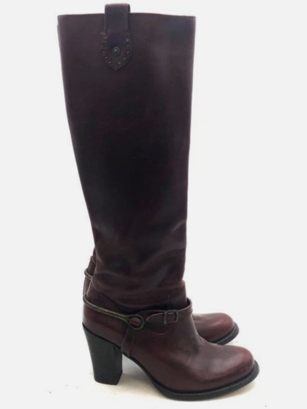 1990s Vintage Frye Burgundy Red Real Leather Harness Tall Kneehigh Fall Boot